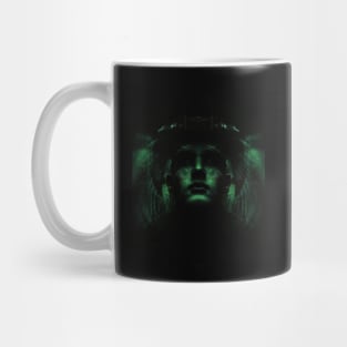 Portrait, digital collage, special processing. Dark, strong. Guy face looking up high. Fantasy. Green. Mug